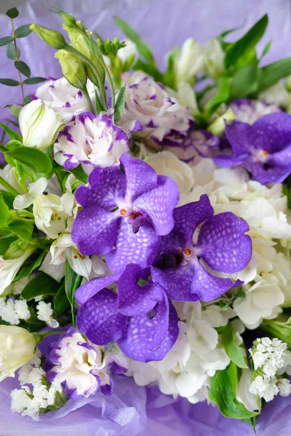Букет с гортензией, орхидеей Ванда, анемонами и эустомой (7)